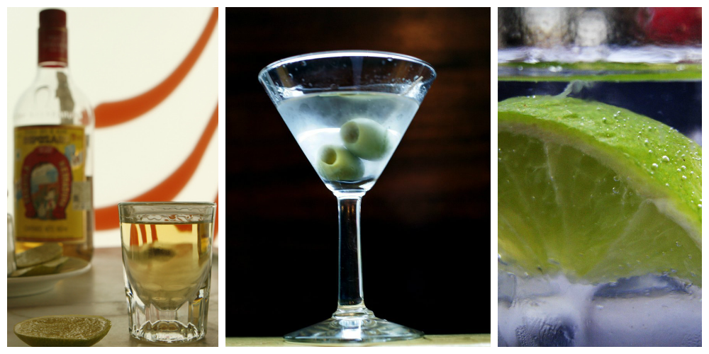 Kollasj: Brennevin med dry martini, tequila shot og drink med isbiter og lime.
