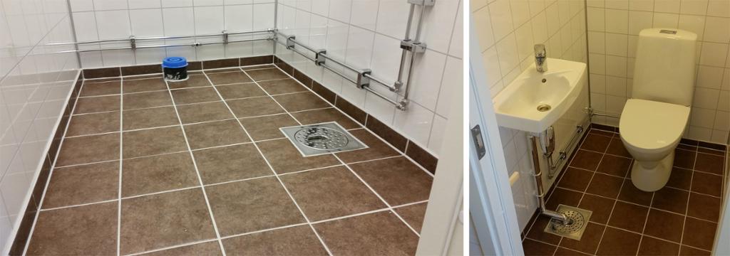 Synlig rørføring med krommede kobberrør i et rom med sluk og i et rom under vask og ved siden av toalett. Fotomontasje.