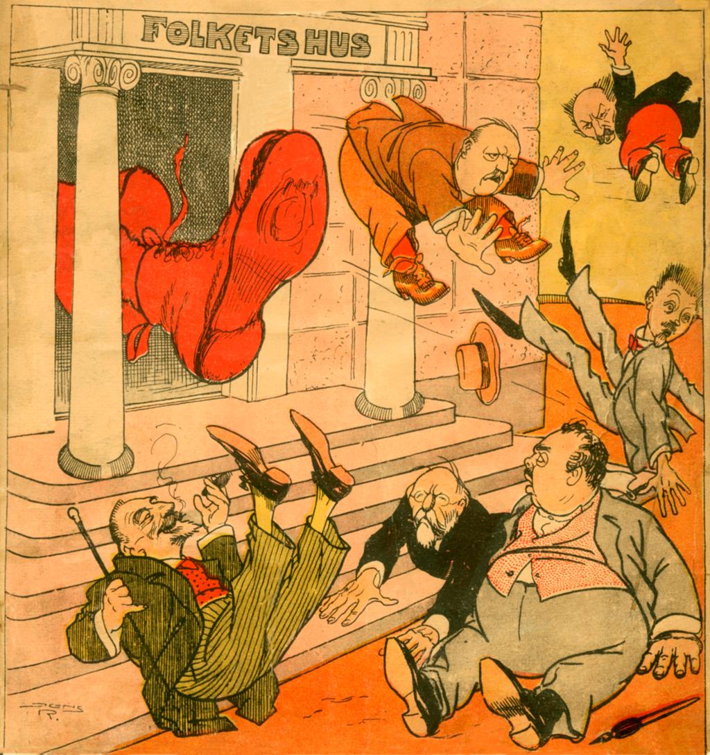 Karikaturtegning av en kommunistisk støvel som sparker noen sentrale arbeiderledere ut av Folkets hus. Tegning