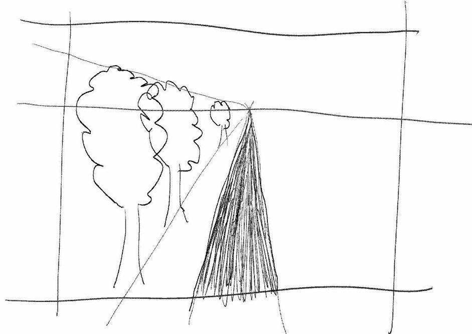 Vei og trær tegnet i ettpunktsperspektiv. Skisse med hjelpelinjer.