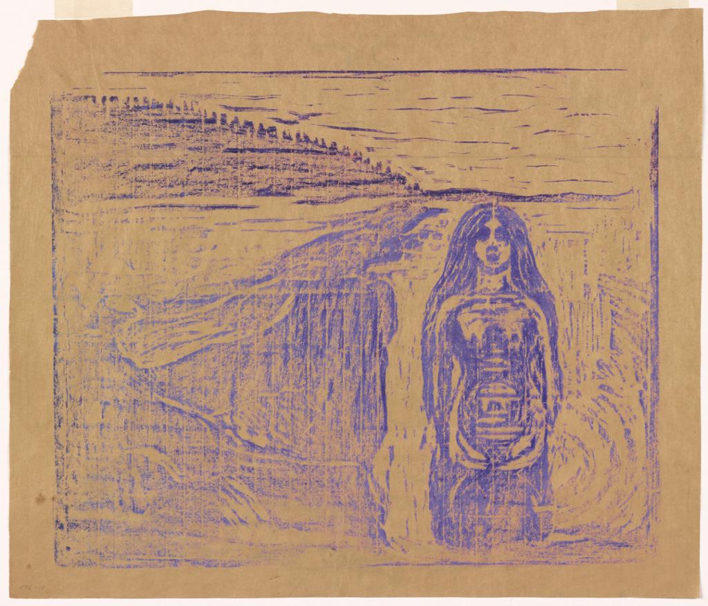 Frottasje av naken kvinne ved en elvebredd. Illustrasjon.