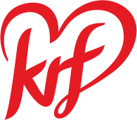 Kristeleg Folkeparti sin logo. KrF i raud løkkeskrift på kvit bakgrunn, der enden på f-en er dregen ut og rammar inn logoen med eit hjarte. Illustrasjon.