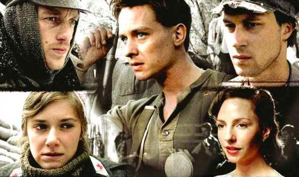 Tre unge menn og to unge kvinner: De fem hovedpersonene i den tyske tv-serien "Krigens unge hjerter". Fotokollasj.