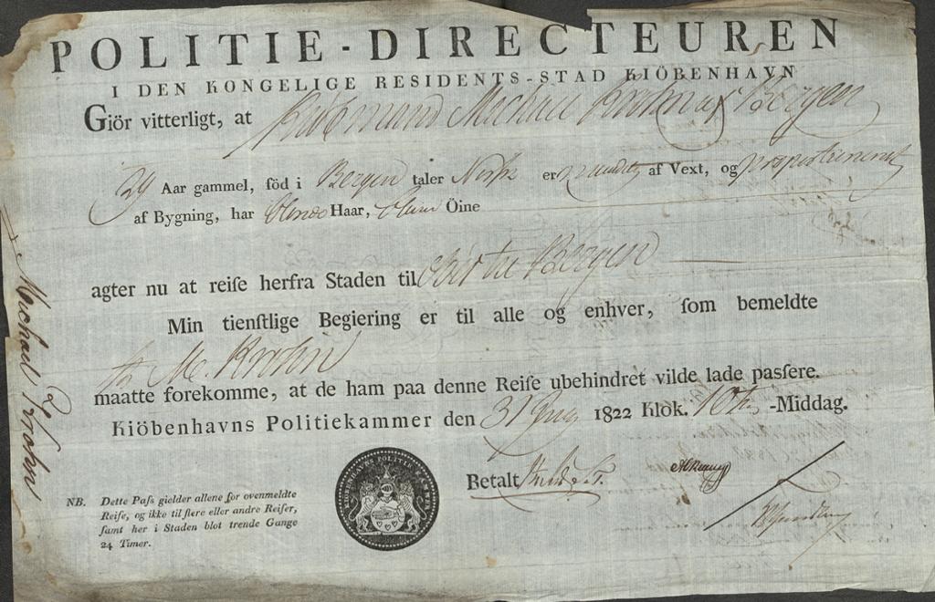 Et reisepass fra 1822 utstedt til kjøpmann Michael Krohn. Foto av kilde.