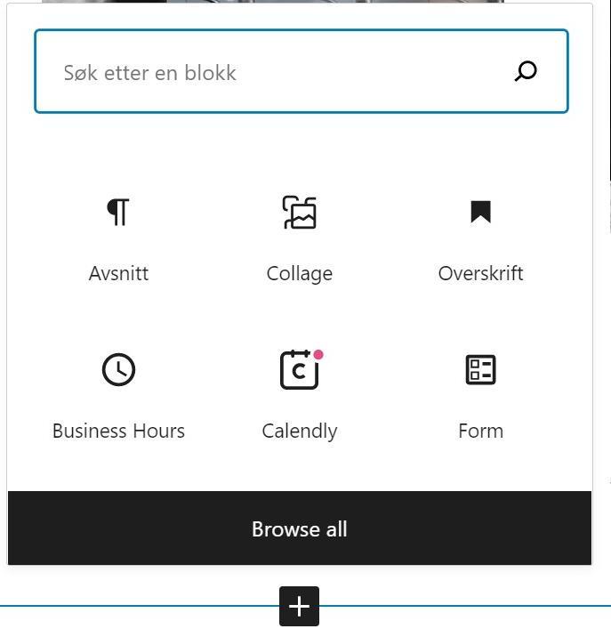 Dialogboks i Wordpress. Søkefelt øverst og seks ikoner med tekst som «avsnitt», «collage» og «form». Nederst er det en knapp med teksten «browse all». Skjermbilde.