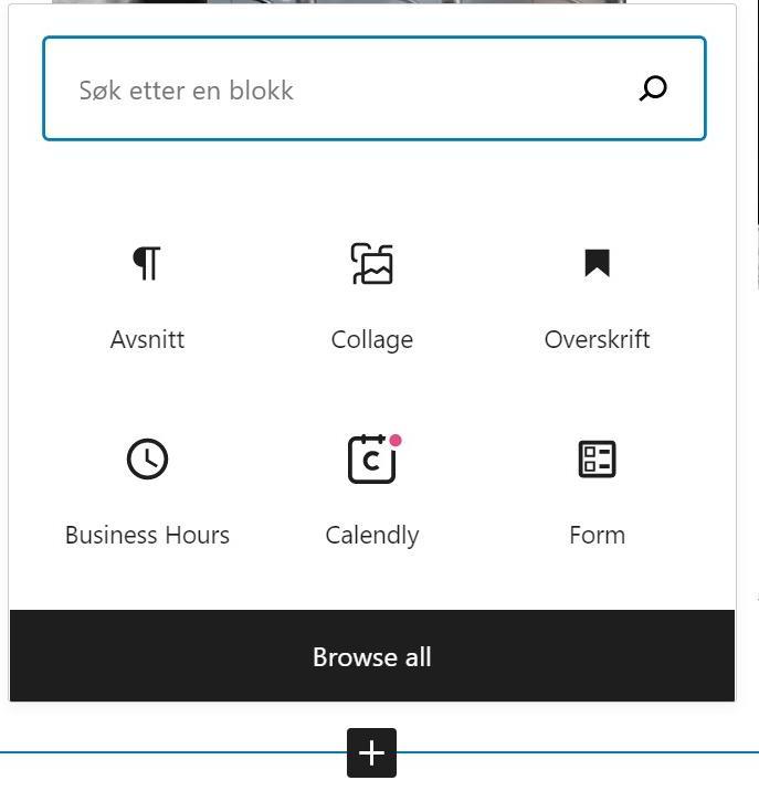 Dialogboks i Wordpress. Søkefelt øverst og seks ikoner med tekst som «avsnitt», «collage» og «form». Nederst er det en knapp med teksten «browse all». Skjermbilde. 