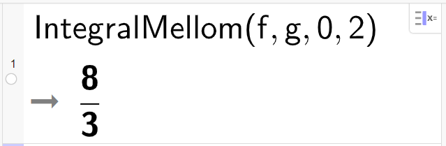 Beregning av areal mellom grafer i CAS, ei linje. Det står IntegralMellom parentes f komma g komma 0 komma 2 parentes slutt. Resultatet av beregningen er 8 delt på 3. Skjermutklipp.