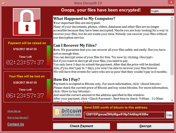 Skjermbilete av krav om løysepengar på ei datamaskin infisert av løysepengeviruset WannaCry