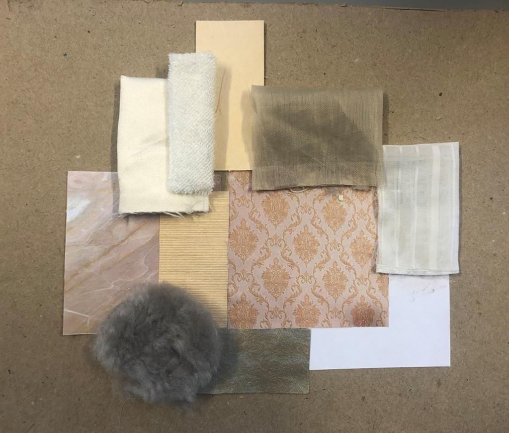 Tekstilprøver i duse farger som er satt sammen til et materialkart. Foto.