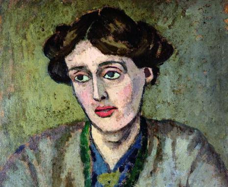 Painting: Portrait of a Virginia Woolf. She is a dark haired woman with large eyes. 