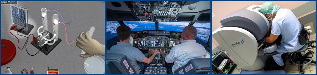 Kollasj av interaktiv lab og flysimulator. Foto.