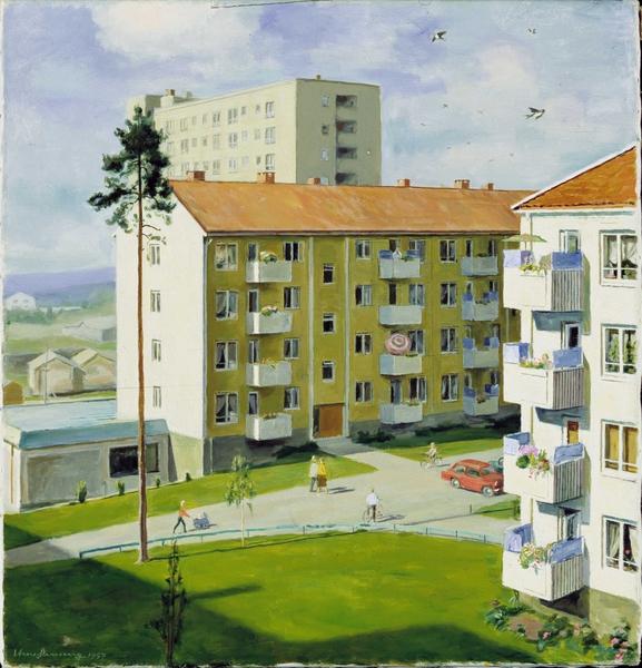 Lavblokker med mennesker som er ute og går og sykler mellom blokkene. Et par biler står parkert. I bakgrunnen ser vi en høyblokk. Dette er et maleri av Arne Stenseng fra Lambertseter. Kunstverk.