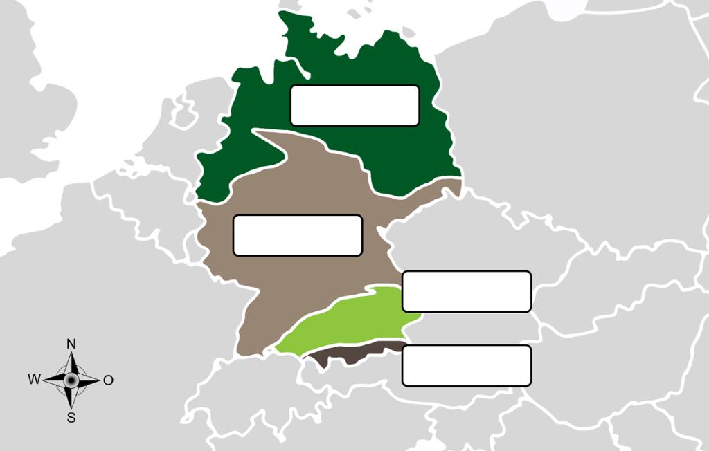Kart som viser de fire hovedlandskapstypene i Tyskland fra nord til sør. Helt i nord lavlandet, deretter området med lavereliggende fjell- og skogsområder, så overgangen til Alpene og til sist Alpene.