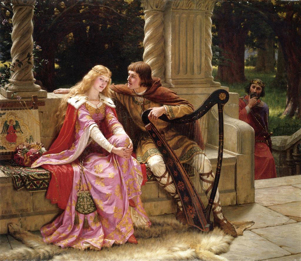 Isolde og Tristan sitter på en benk og snakker sammen. Tristan holder harpa mellom beina. Kong Mark står i bakgrunnen og iakttar dem. Maleri.