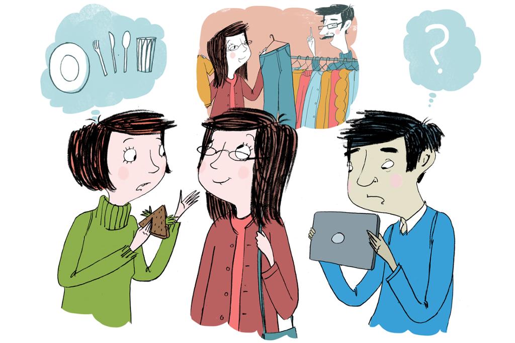 To vestlige kvinner og en kinesisk mann snakker sammen om å reise på ferie. Illustrsjon.