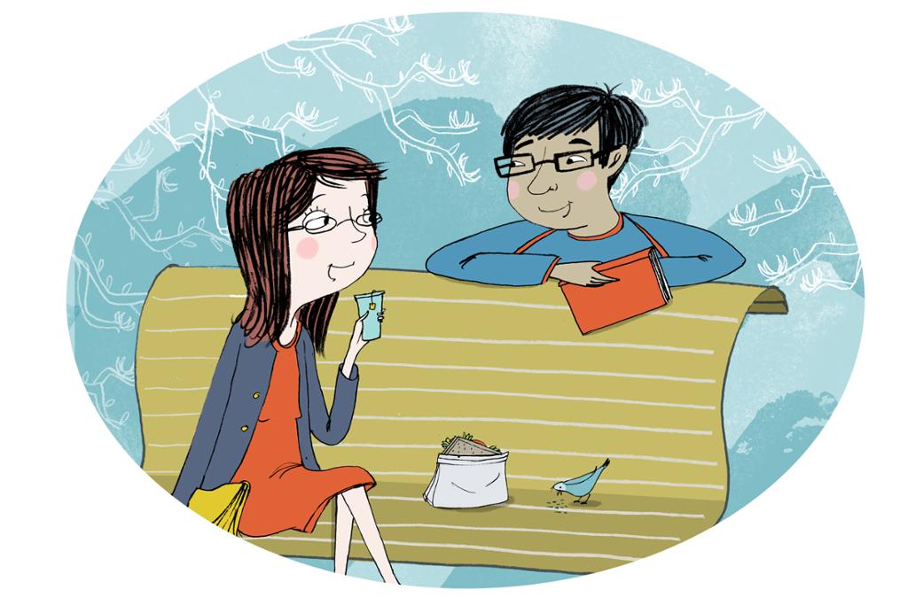 En vestlig kvinnelig studen og en kinesisk mannlig student snakker sammen. Illustrasjon.