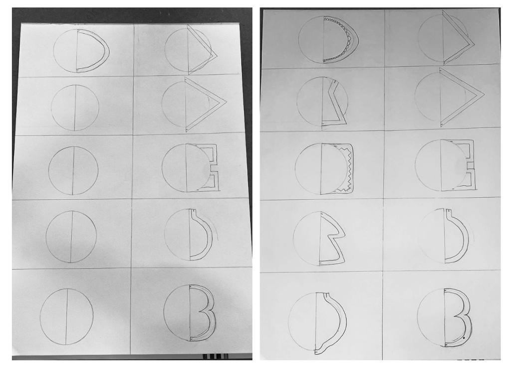 To A3-ark med skisser tegnet med utgangspunkt i sirkel. Foto.