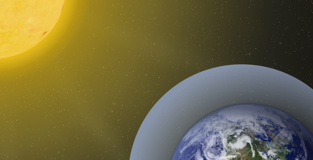 Jorda og sola. Jordatmosfæren ligger som en beskyttende ring rundt jorda. Illustrasjon.