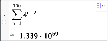 Utsnitt av CAS i GeoGebra. Linje 1 finn summen av rekka gitt ved 4 opphøgd i parentes n minus 2 parents slutt frå 1 til 100. Svaret er gitt som tilnærma lik 1,339 multiplisert med 10 opphøgd i 59. Skjermutklipp.