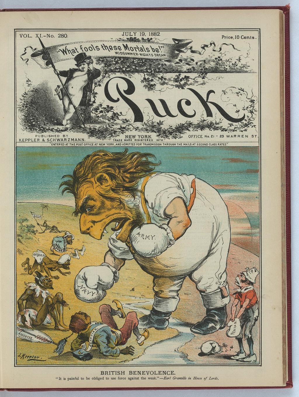 Drawing: We see a man with a head like a lion wearing boxing gloves with army and navy written on them. He is much bigger than the people he is roaring and punching towards, who are caricatures of people from Africa and Asia. Below the drawing it says "British Benevolence.  It is painful to be obliged to use force against the weak --Earl Granville in House of Lords."