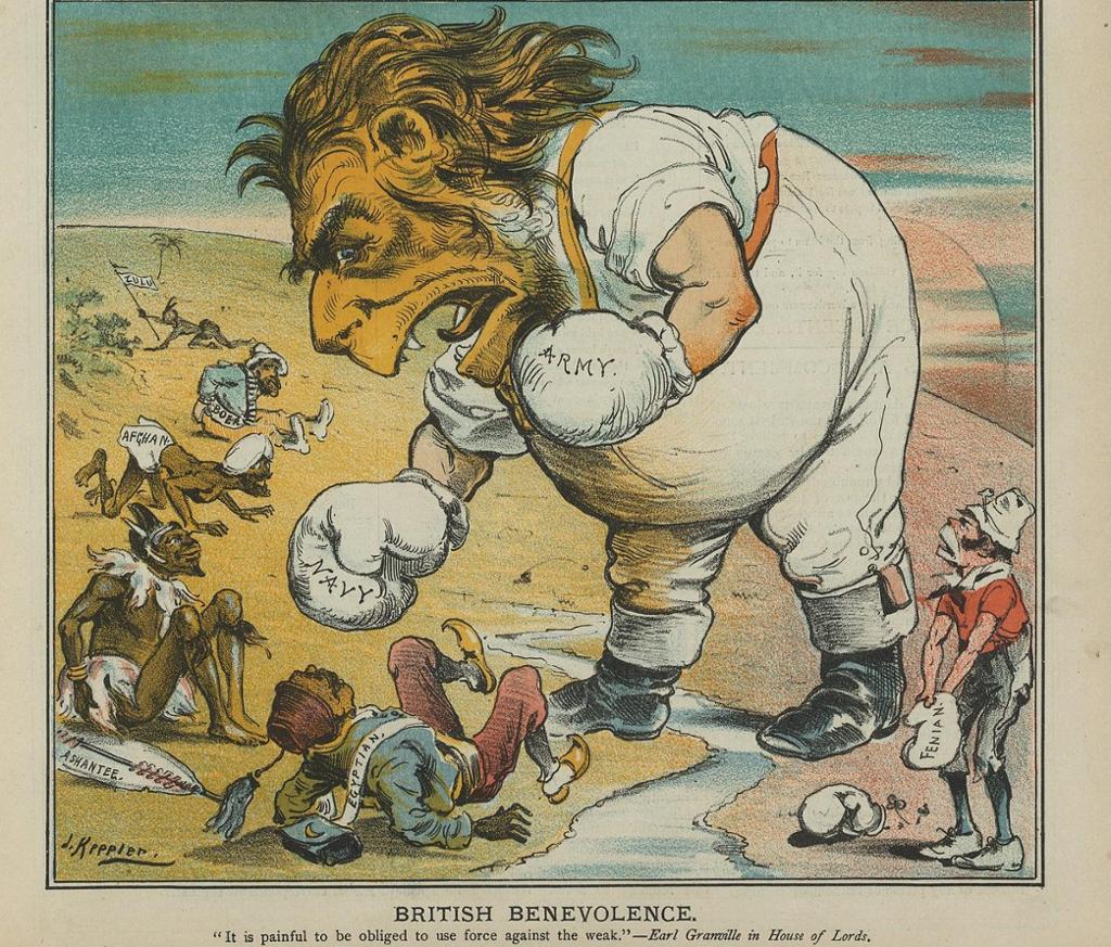 Drawing: We see a man with a head like a lion wearing boxing gloves with 'army' and 'navy' written on them. He is much bigger than the people he is roaring and punching towards, who are caricatures of people from Africa and Asia. Below the drawing, it says "British Benevolence.  It is painful to be obliged to use force against the weak --Earl Granville in House of Lords."