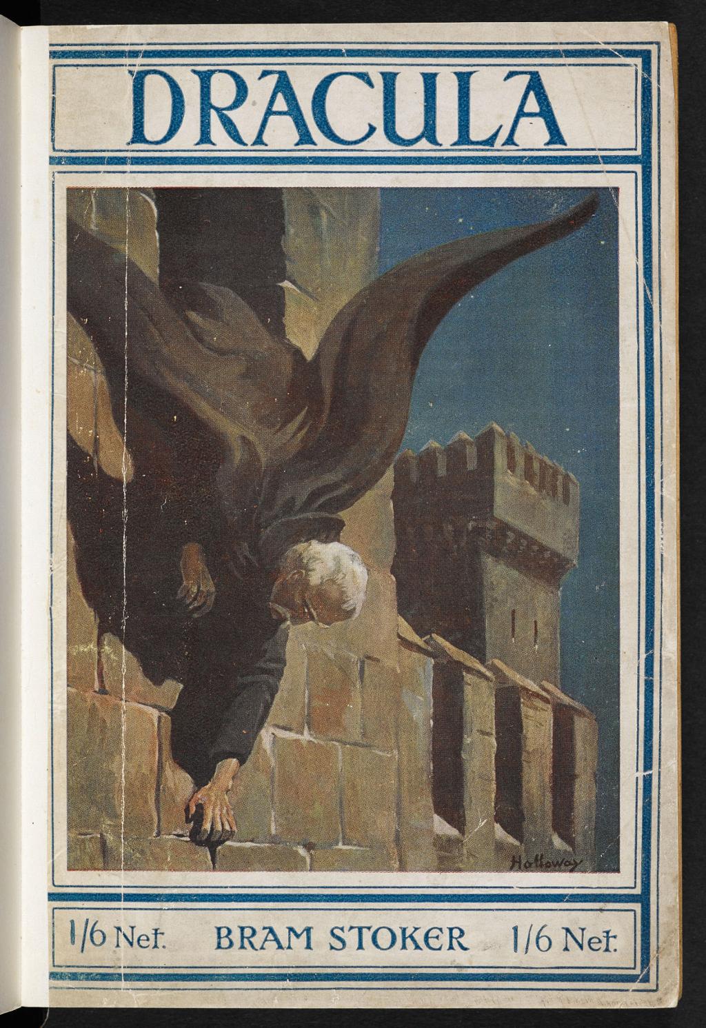 Photo: Book cover for teh book Dracula. We see a man,dressed in black, crawling down the side of a castle, head first.