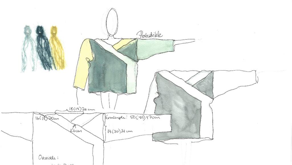 Presentasjonsskisse med materialprøver i grøne og gule tonar, med oppgitte mål. Teikning.

