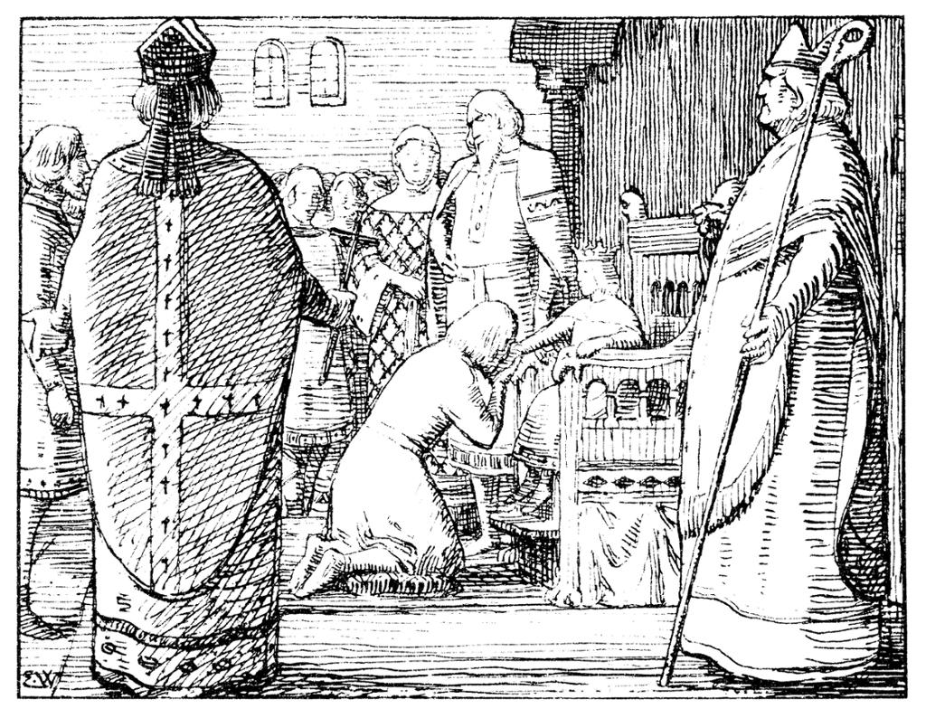 Den unge kongen Magnus Erlingsson mottar hyllest av lendmennene etter vigslingen. Fra 1899-utgava av Heimskringla. Illustrasjon. 