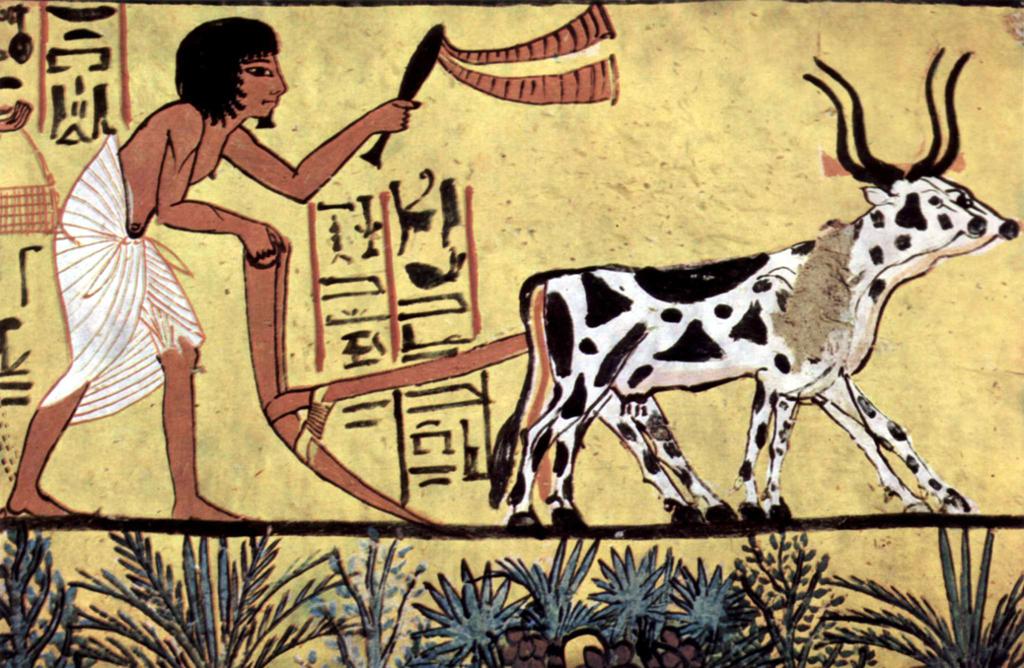 Bonde måla i gamal egyptisk stil som trekkjer ein plog bak to oksar. Måleri.