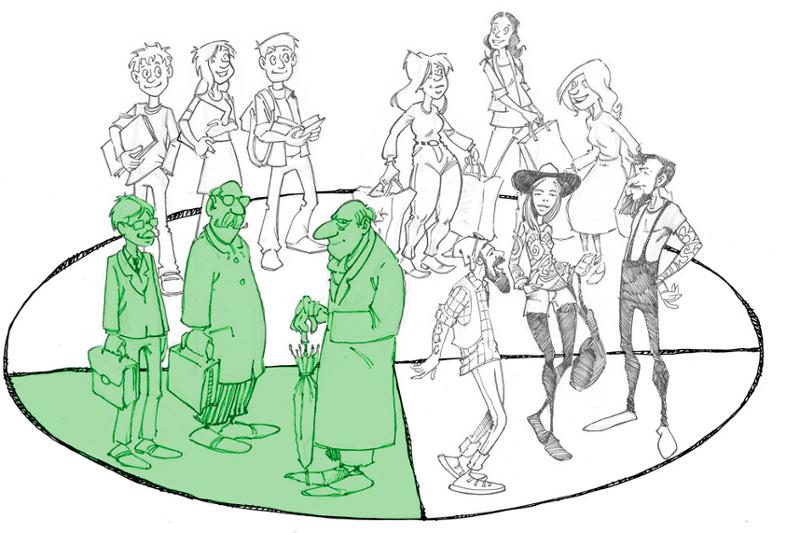 Ulike personer delt inn i målgrupper, en gruppe uthevet i grønt. Illustrasjon.