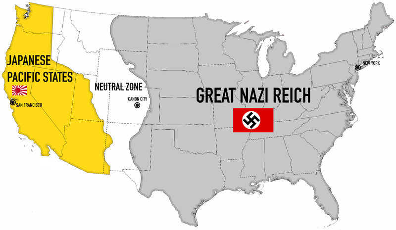 Kart som viser hvordan Amerika ser ut i den kontrafaktiske tv-serien "The Man in the High Castle". Grafikk