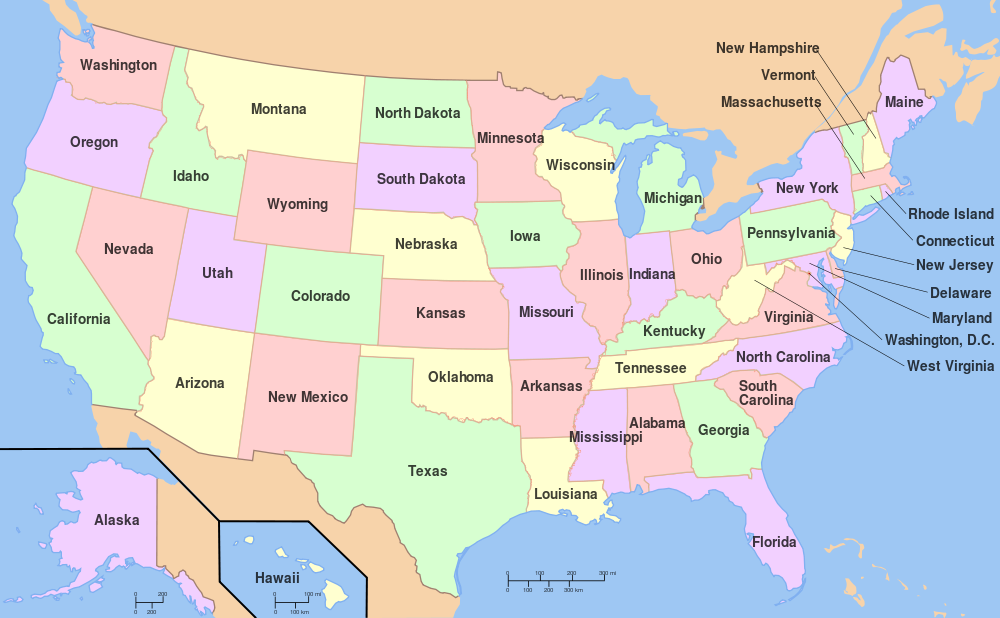 USA-kart med navn på statene.