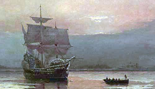 Skipet Mayflower i havnen i Plymouth. Maleri fra 1882. 