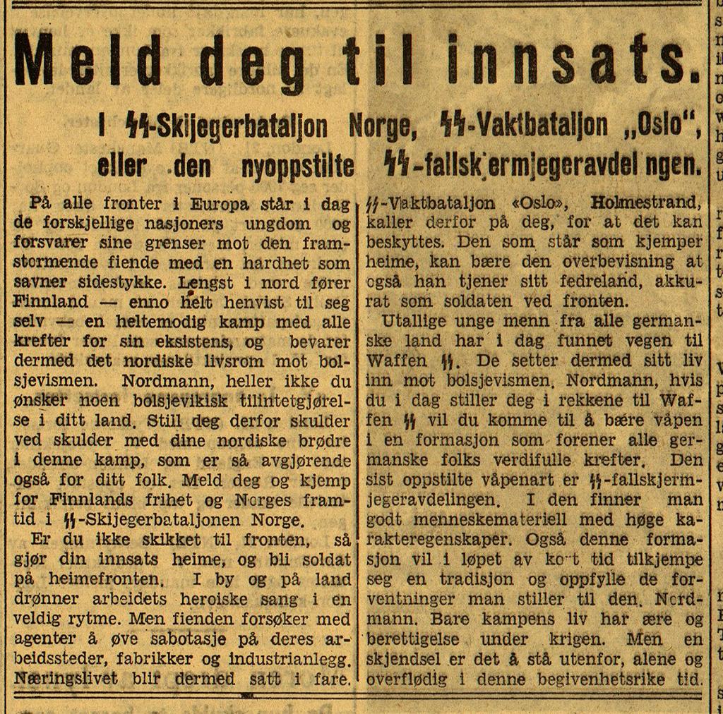 Avisartikkel som oppfordrer folk til å verve seg