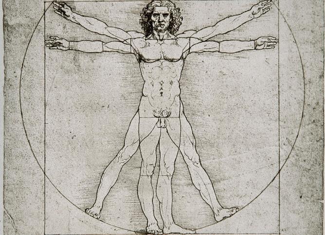 Naken mann med utstrakte armer står i en sirkel og en firkant. Tegning.