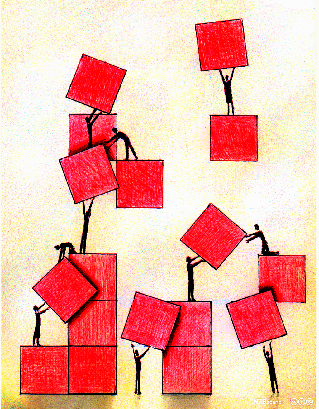 Mennesker flytter på røde klosser. Illustrasjon.