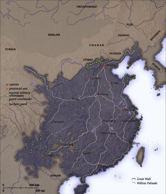 Kart over Kina som viser Ming-dynastiets utstrekning i 1580.