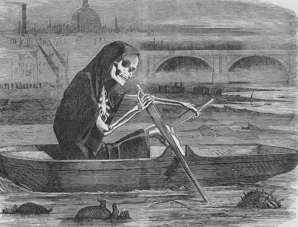 Døden ror en båt på elva Themsen. Illustrasjon.