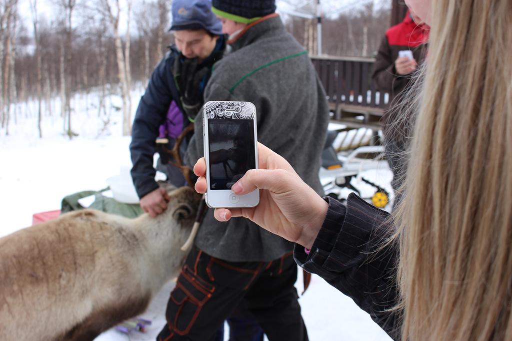 Person med mobilkamera tek bilete av eit lite reinsdyr som blir halde av to menn. Snøkledd landskap. Foto.