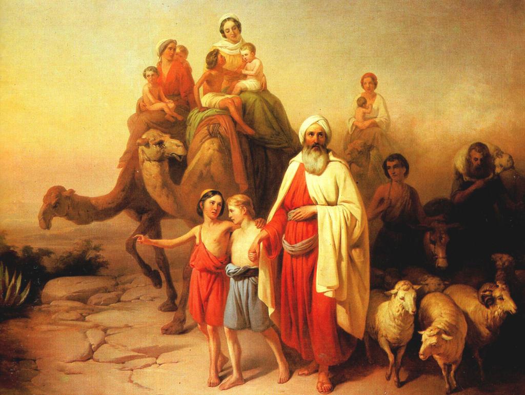 Abraham omgitt av familie og husdyr. Noen sitter på kamel, andre går. Maleri.