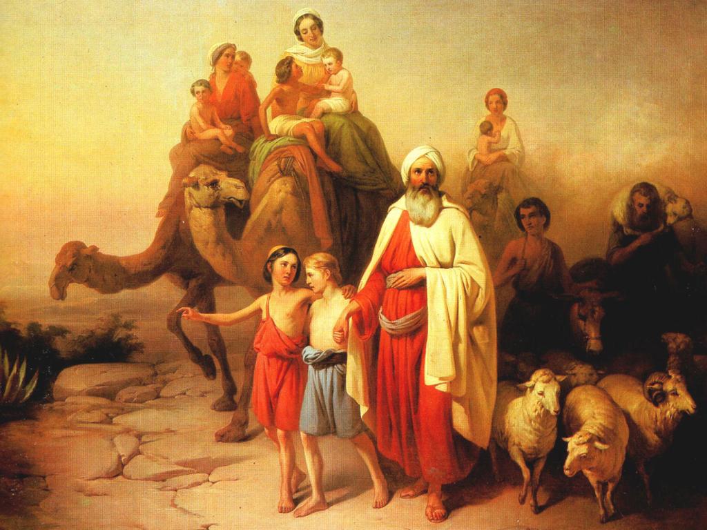 Abraham omgitt av familie og husdyr. Nokon sit på kamel, andre går. Måleri.