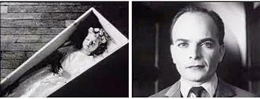 Til venstre et bilete av et barn i en kiste, til høyre et bilde av ansiktet til en mann. Filmutsnitt.