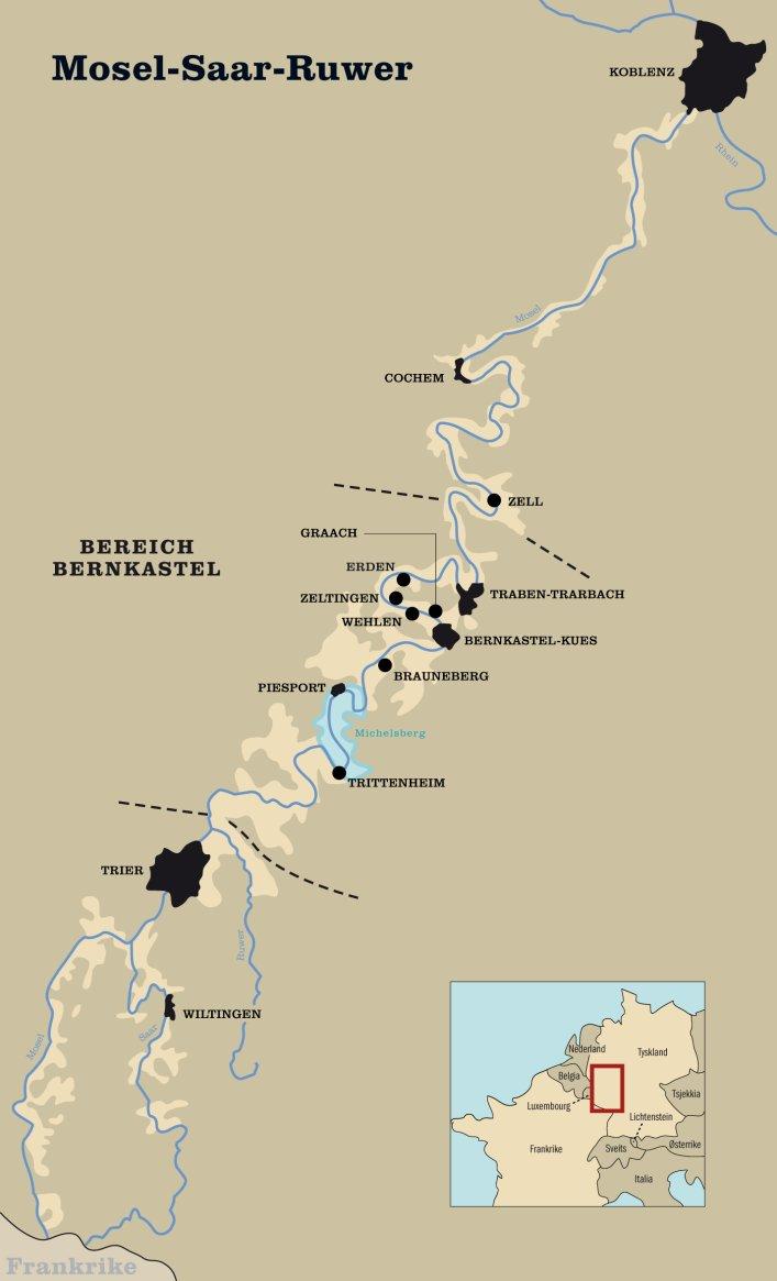 Kart som viser vindistriktene i Mosel-Saar-Ruwer.