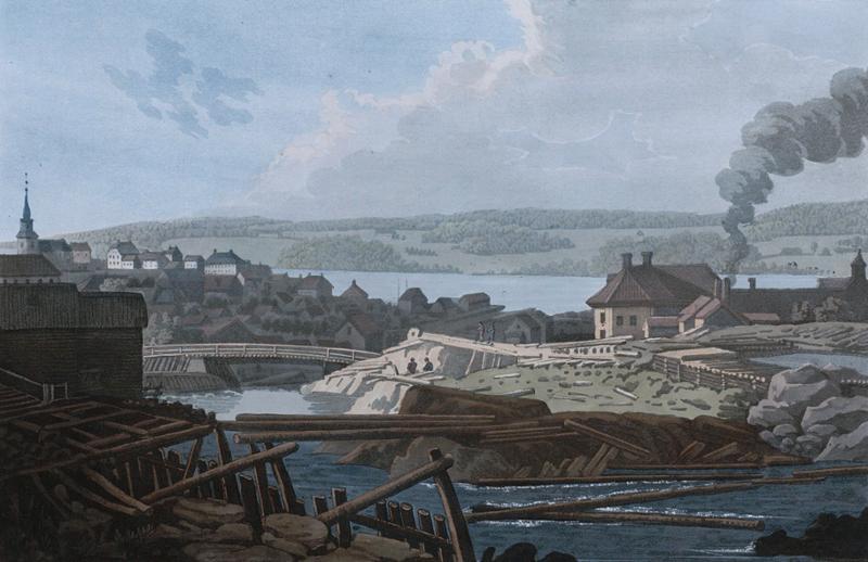 Mossefossen og Moss Jernverk, sommeren 1800. Trykk.