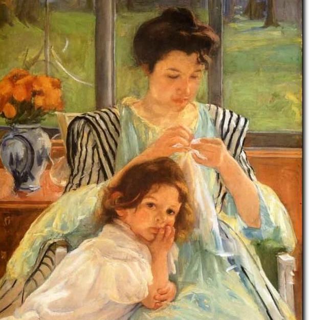 Painting: A young child is looking towards the viewer. A woman is sewing. Behind them is a vase of flowers and a window. 
