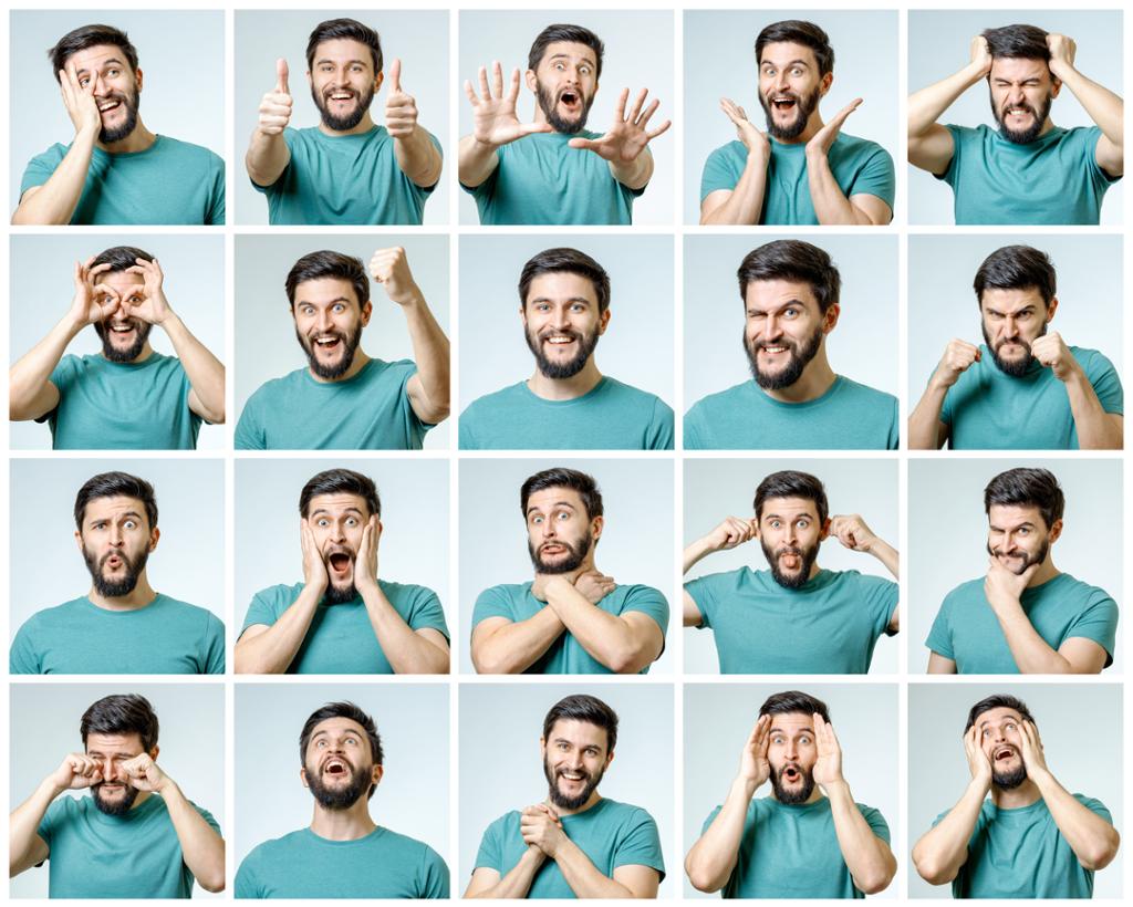 Et sett med 20 bilder av samme mann som bruker ansiktssutrykk, armer og hender for å uttrykke glede, overraskelse, sinne og frustrasjon. Foto.  