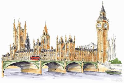 Drawing: We see a coloured drawing of the Palace of Westminster. It is a large building with many towers. In front of the building is a bridge. A red double decker bus is driving accross the bridge. 