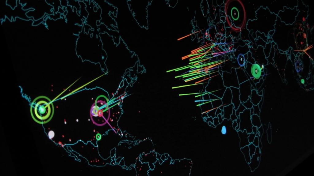 Verdenskart med fargede linjer som illustrerer dataangrep. Illustrasjon