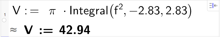 Berekning av volumet av "Keplers sitron" i CAS, ei linje. Volumet blir berekna ved å skrive V kolon er lik pi gonger integral parentes f opphøgd i andre komma minus 2,83 komma 2,83 parentes slutt. Resultatet er tilnærma lik 42,94. Skjermutklipp.