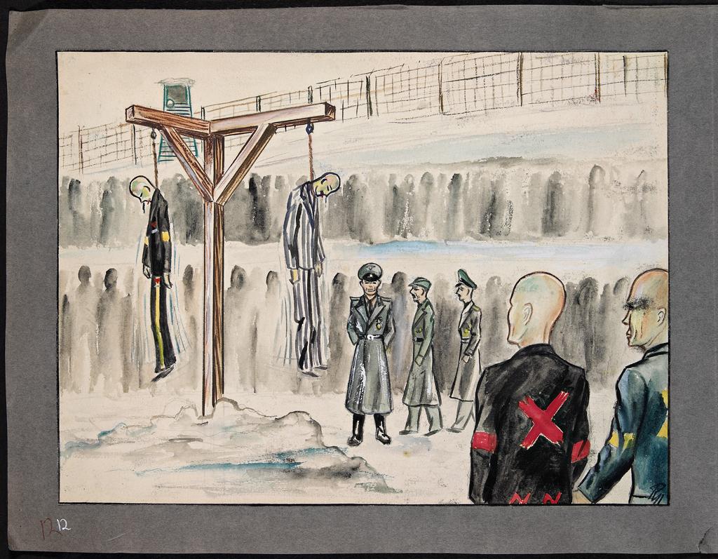 Illustrasjon fra Rudolf Næss' fangalbum med tegninger og akvareller fra fangelivet i konsentrasjonsleire under andre verdenskrig. Bildet viser to fanger som er hengt mens andre fanger og soldater står og ser på. Akvarell.